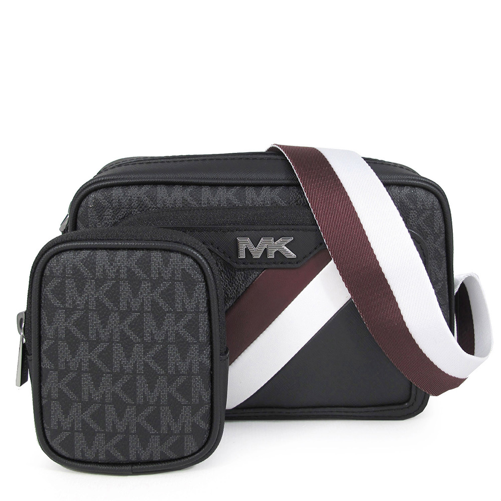Michael Kors RIVINGTON 黑X暗紅色防刮滿版寬帶二合一斜背包