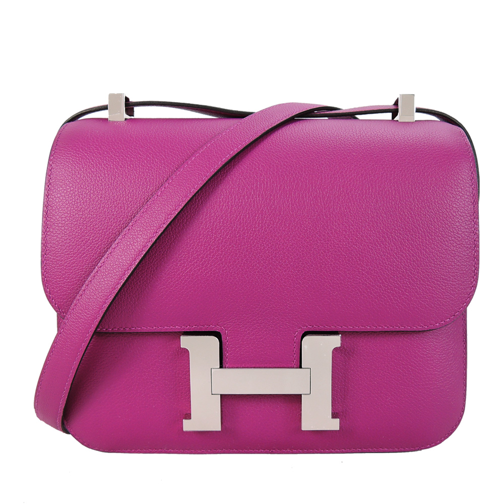 HERMES 愛馬仕 Constance 24CM Evercolor C刻 斜背包(L3 玫瑰桃/銀釦)
