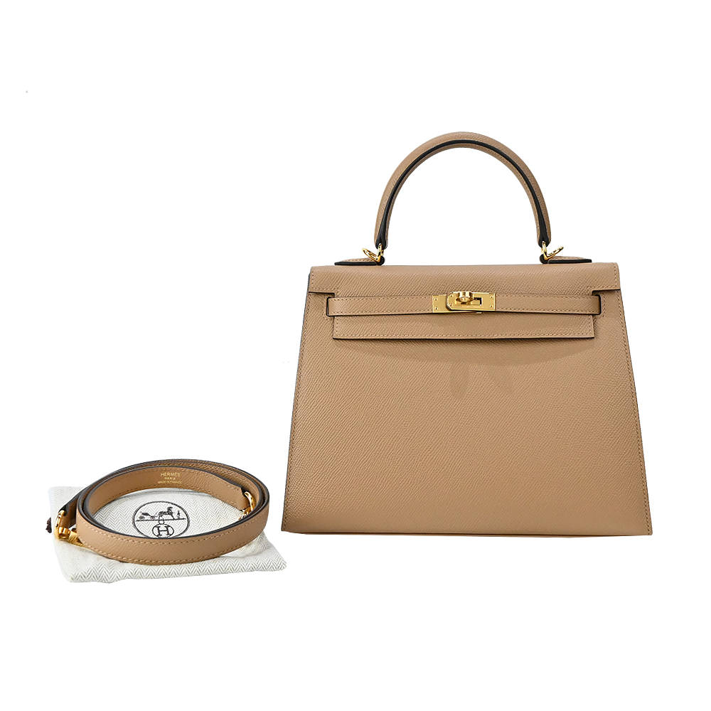 HERMES 愛馬仕 Kelly 25cm Epsom牛皮手提/肩背凱莉包(0M奶茶/U刻/金釦)