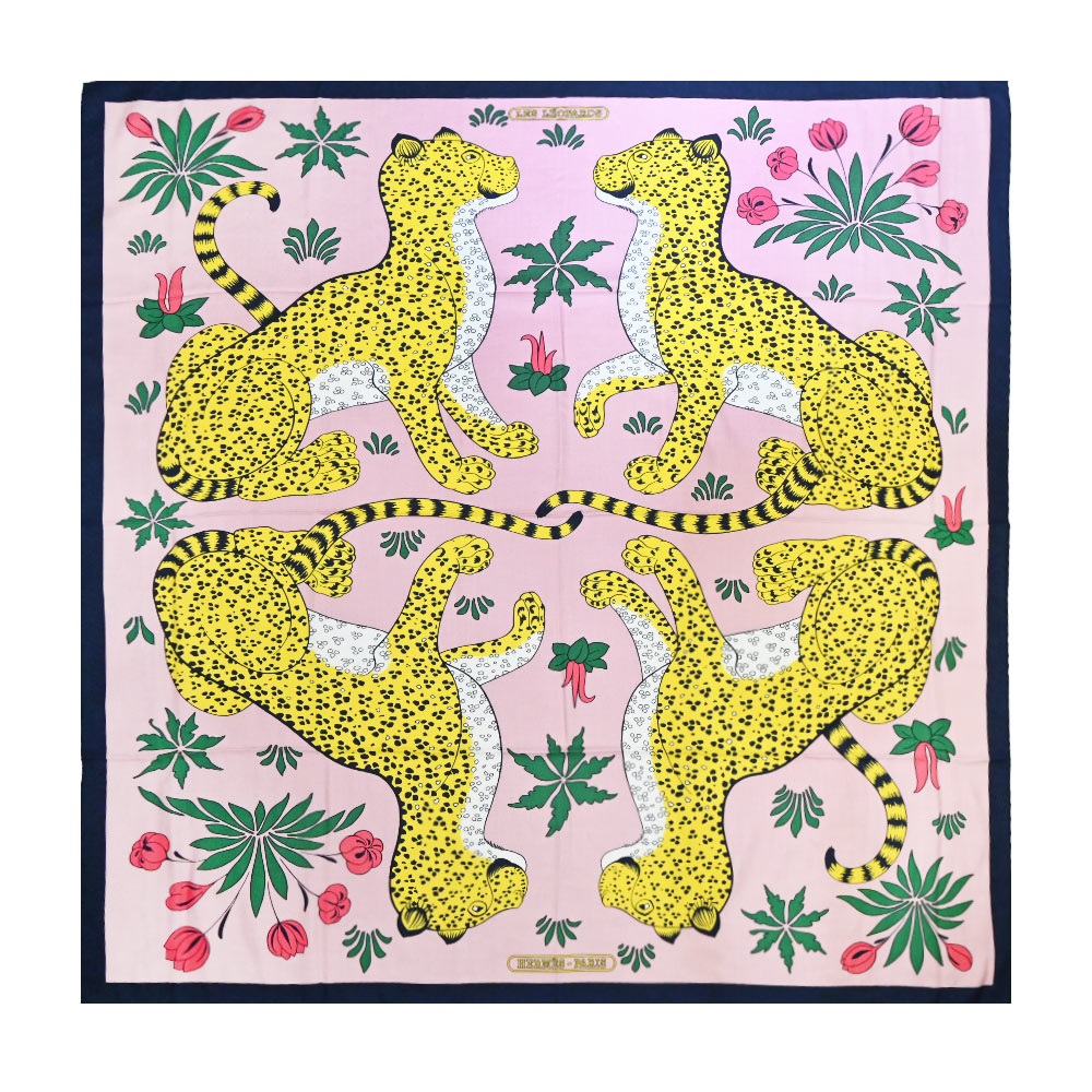 HERMES 愛馬仕 Les Leopards 四隻豹 140 混羊絨披肩/方巾(海軍藍/玫瑰)