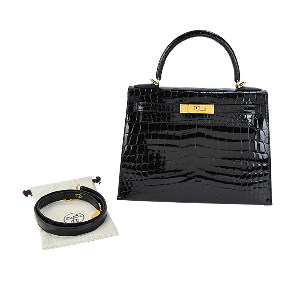 HERMES 愛馬仕 Kelly 28cm 鱷魚皮 U刻 手提/肩背凱莉包(89黑/金釦)