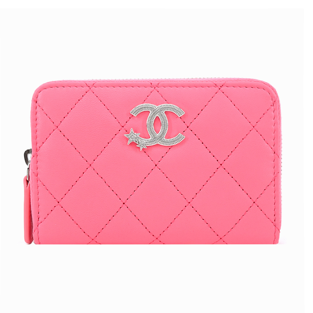 CHANEL 香奈兒 新款星星金屬LOGO菱格紋小羊皮零錢包(粉色)