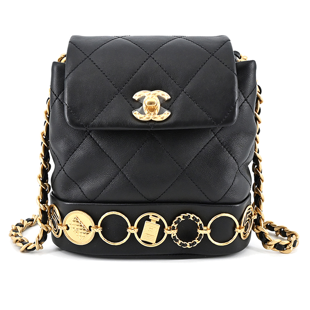 CHANEL 香奈兒 經典雙C LOGO菱格紋小牛皮環扣飾邊鏈帶小型後背包(黑色)