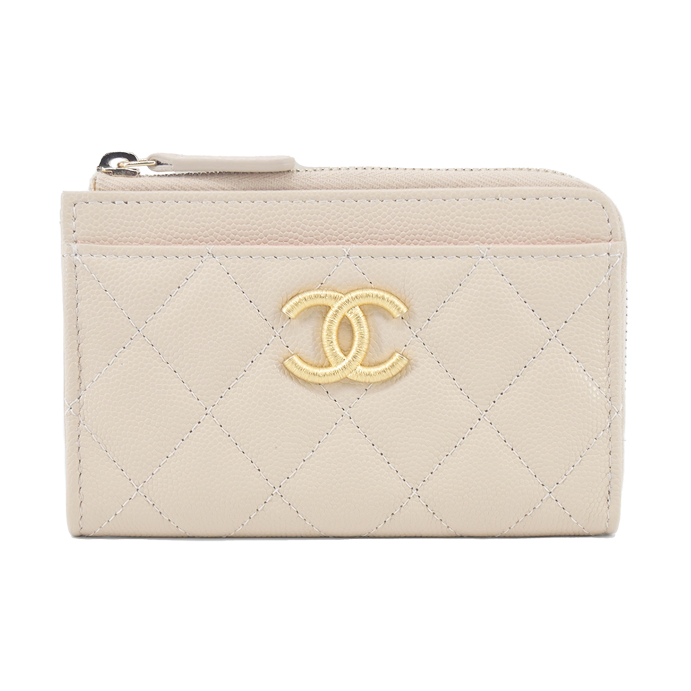 CHANEL 香奈兒 經典雙C復古LOGO 菱格紋牛皮拉鍊零錢包名片夾(白色)