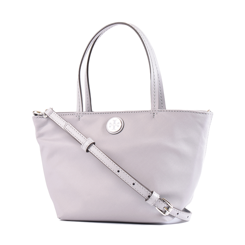TORY BURCH 金屬標尼龍手提/斜背二用水餃包-海灣灰/迷你款