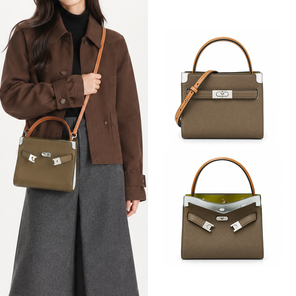 TORY BURCH LEE RADZIWILL 撞色荔枝紋手提/斜背兩用包-迷你/橡木灰