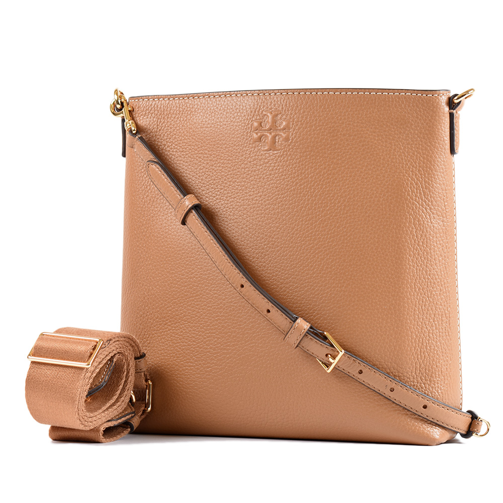 TORY BURCH THEA 荔枝紋雙背帶拉鍊斜背包-提拉米蘇棕
