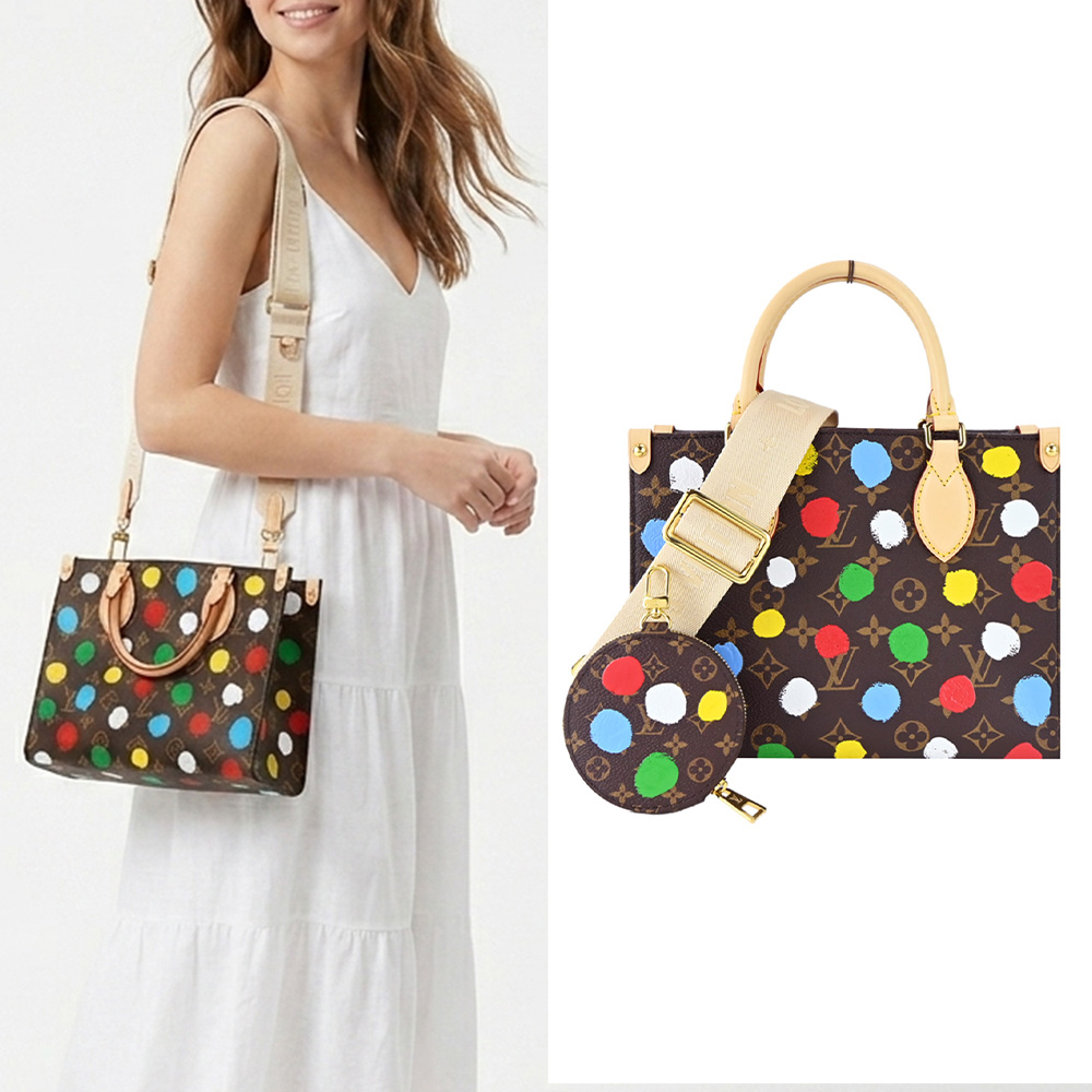 Louis Vuitton 路易威登 LV X YK ONTHEGO PM多彩圓點印花Monogram帆布托特包 (卡其)
