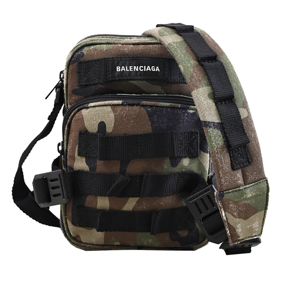 BALENCIAGA 巴黎世家 Army 迷彩帆布刷舊毛邊記者包.軍綠