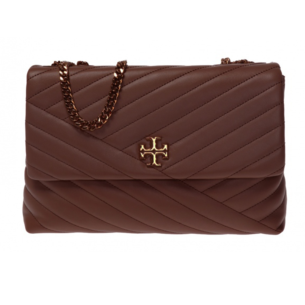 TORY BURCH 斜紋衍縫翻蓋斜背包-酒紅