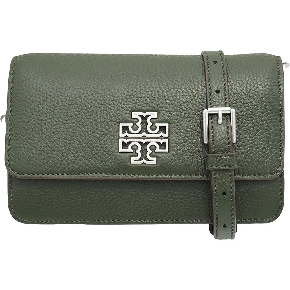 TORY BURCH 雙T-LOGO翻蓋皮革斜背鍊包 -軍綠
