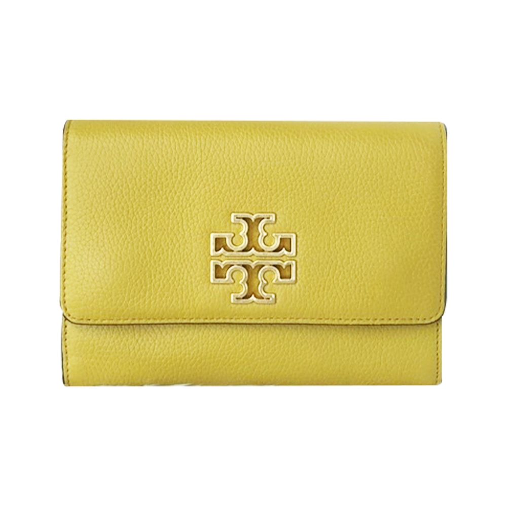 TORY BURCH 雙T-LOGO翻蓋皮革斜背包-黃