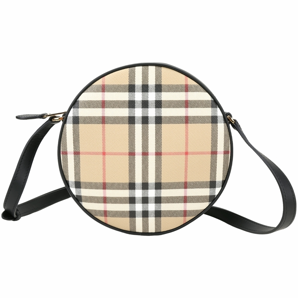 BURBERRY 巴寶莉 Louise Vintage 格紋環保帆布拼牛皮圓型斜背包(典藏米)