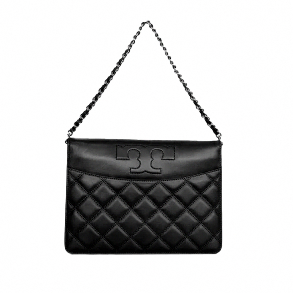 TORY BURCH 格菱紋皮革翻蓋斜背包-黑
