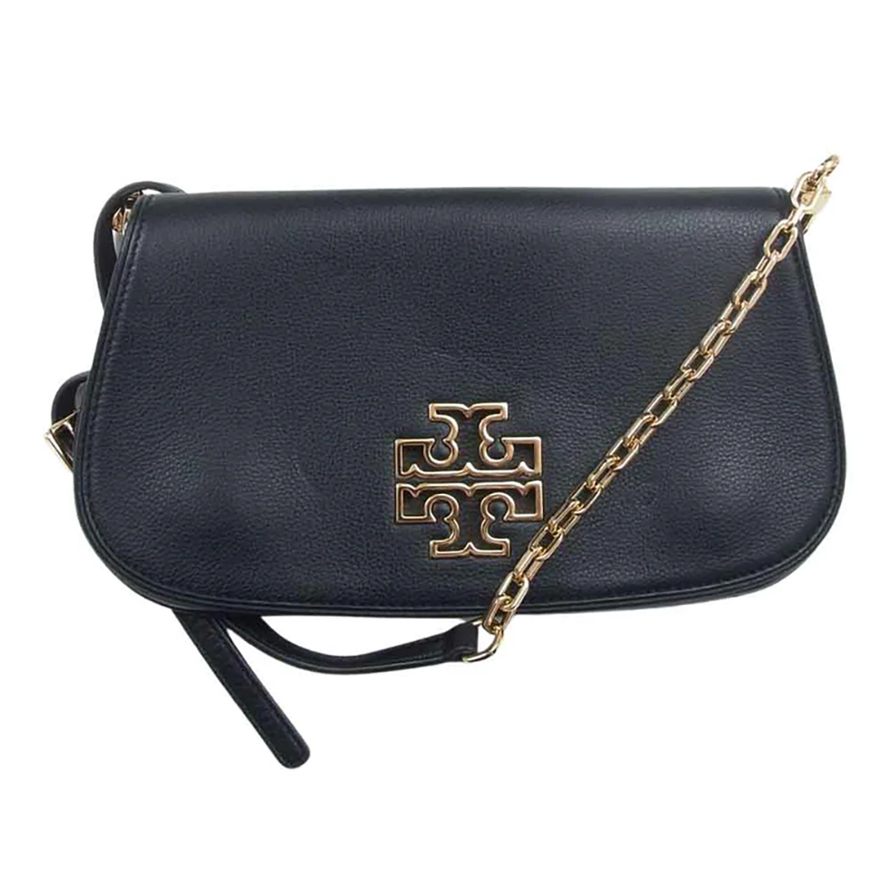 TORY BURCH 素面翻蓋皮革造型斜背包-黑