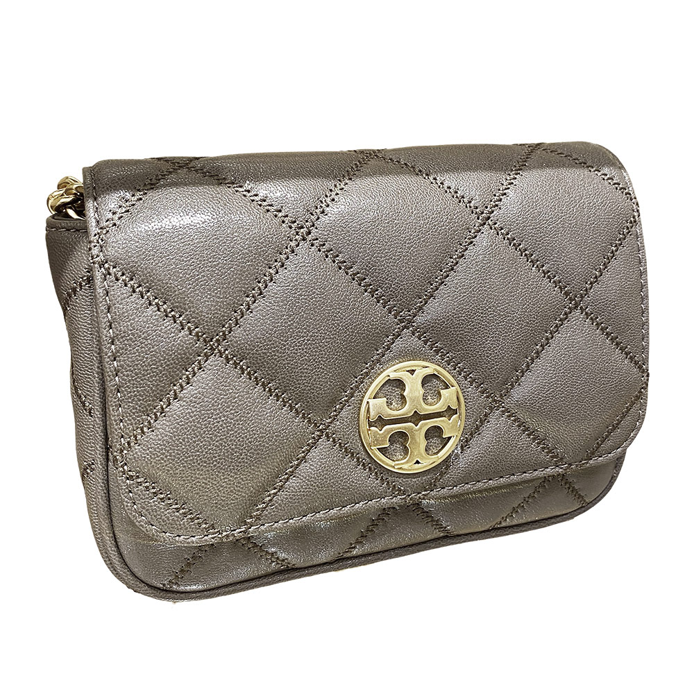 TORY BURCH 翻蓋菱格紋皮革斜背包-岩石灰