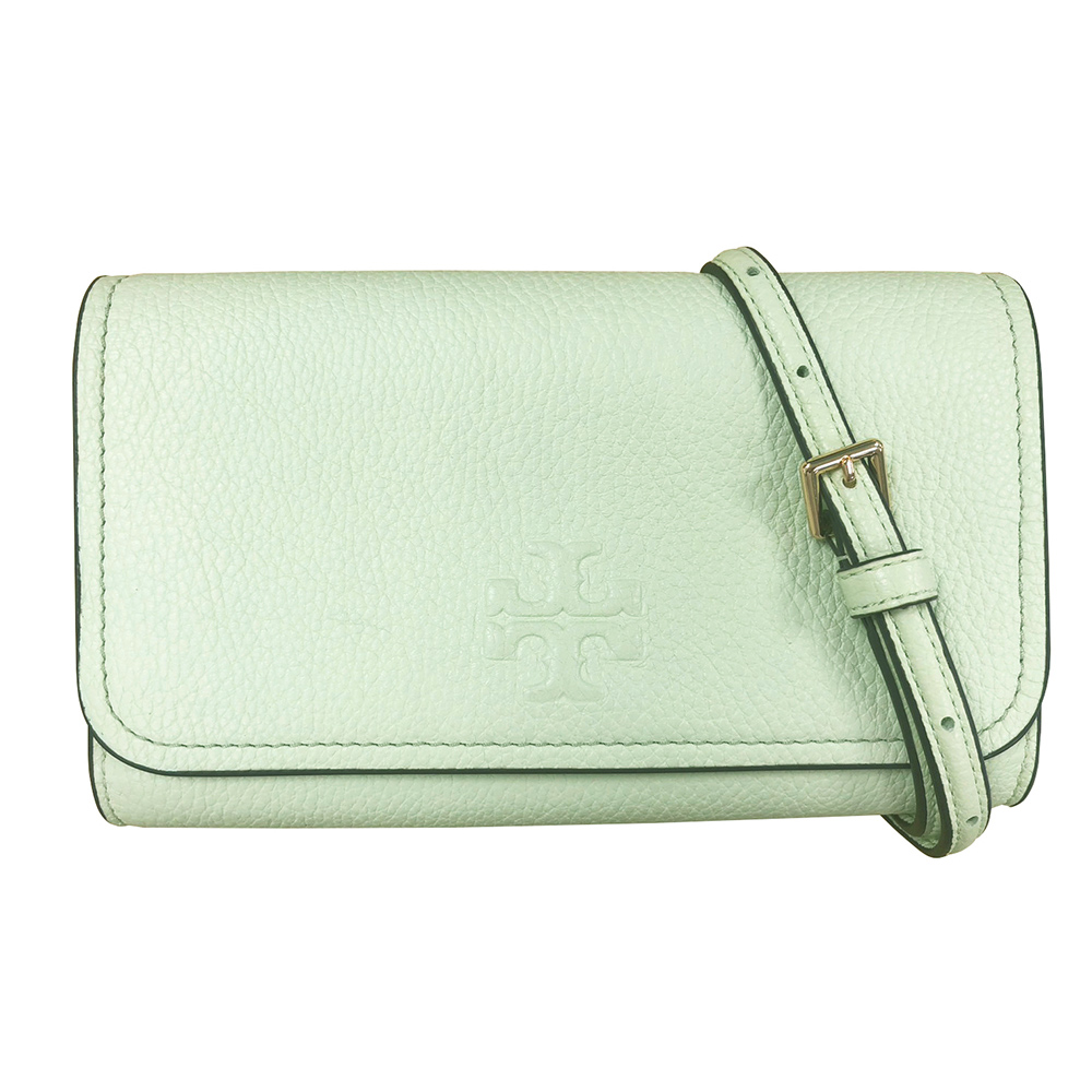 TORY BURCH 素面皮革翻蓋斜背包-淺草綠色