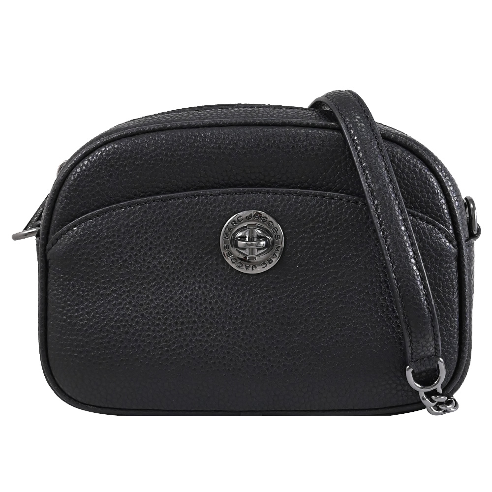 MARC JACOBS 轉釦LOGO造型拉鍊斜背鏈帶包.黑釦