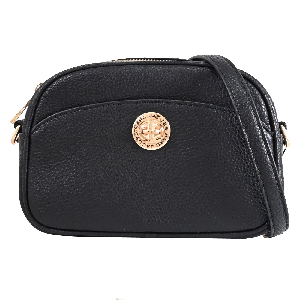 MARC JACOBS 轉釦LOGO造型拉鍊斜背鏈帶包.黑/金