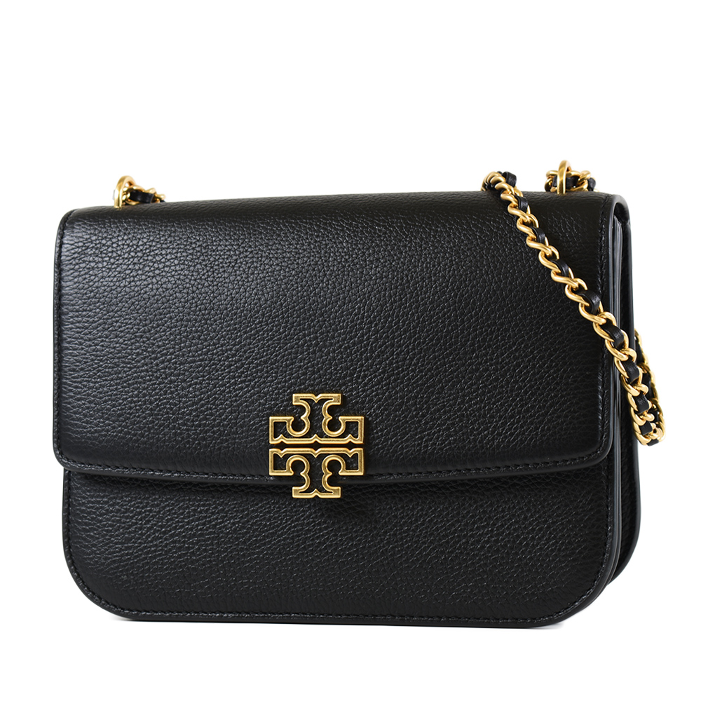 TORY BURCH BRITTEN 荔枝紋翻蓋編織鍊帶肩背/斜背二用包-黑色/中