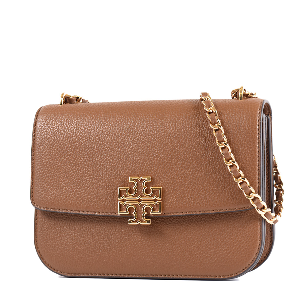 TORY BURCH BRITTEN 荔枝紋翻蓋編織鍊帶肩背/斜背二用包-焦糖色