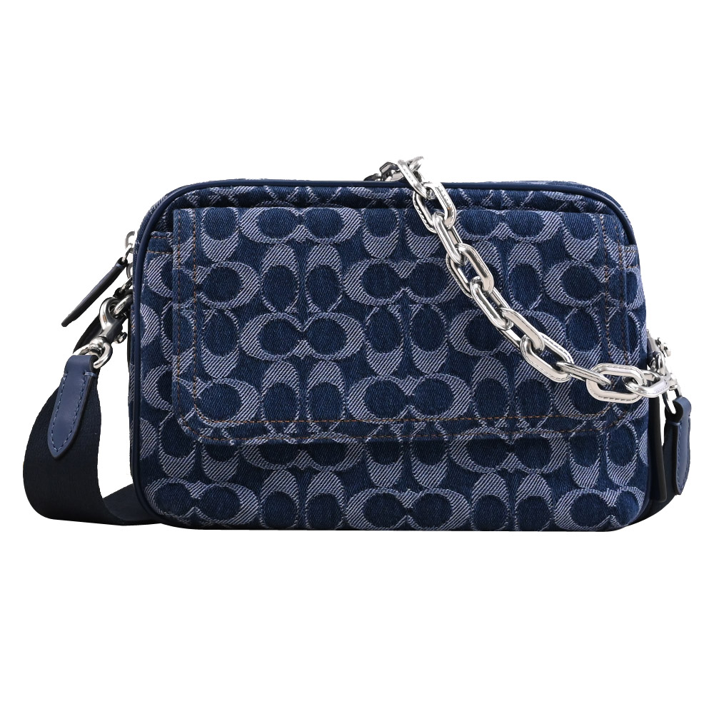 COACH 蔻馳 CHARTER 24 牛仔緹花前翻蓋粗鏈斜背包.深藍