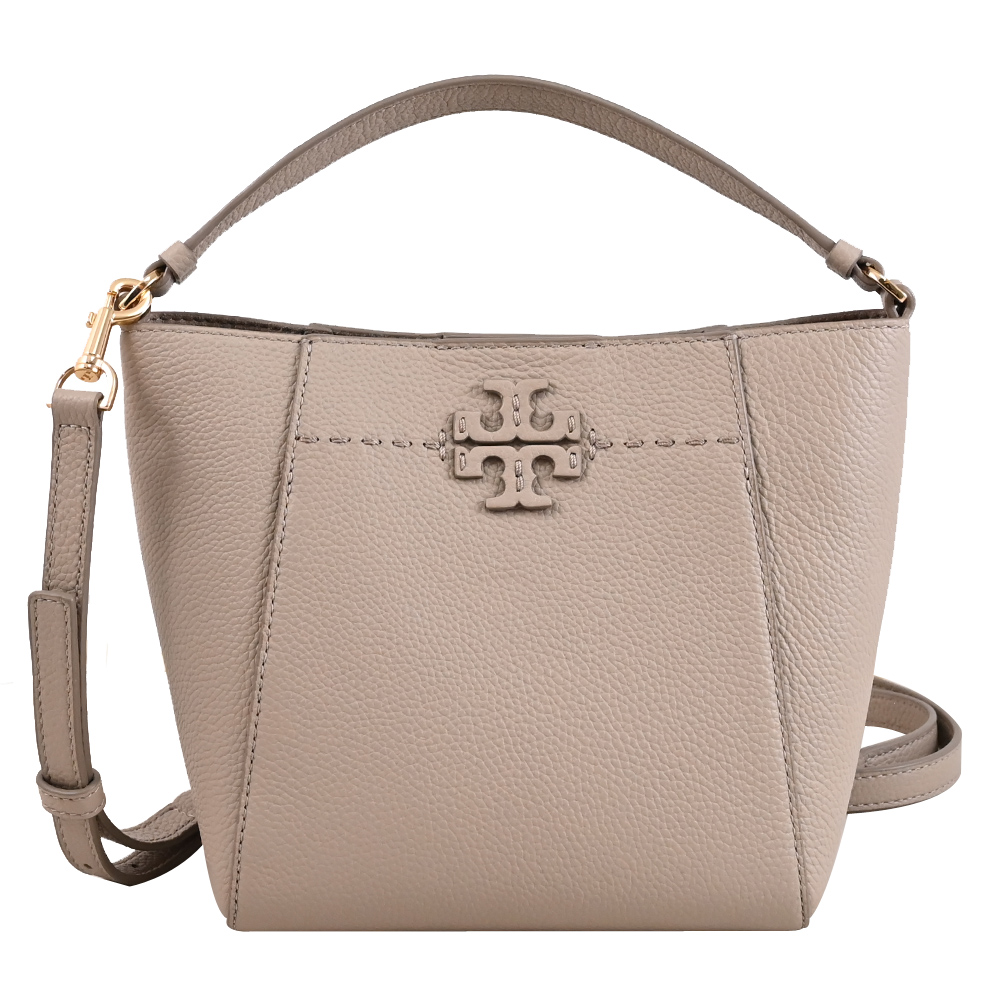 TORY BURCH 經典LOGO荔枝紋兩用水桶包.淺灰