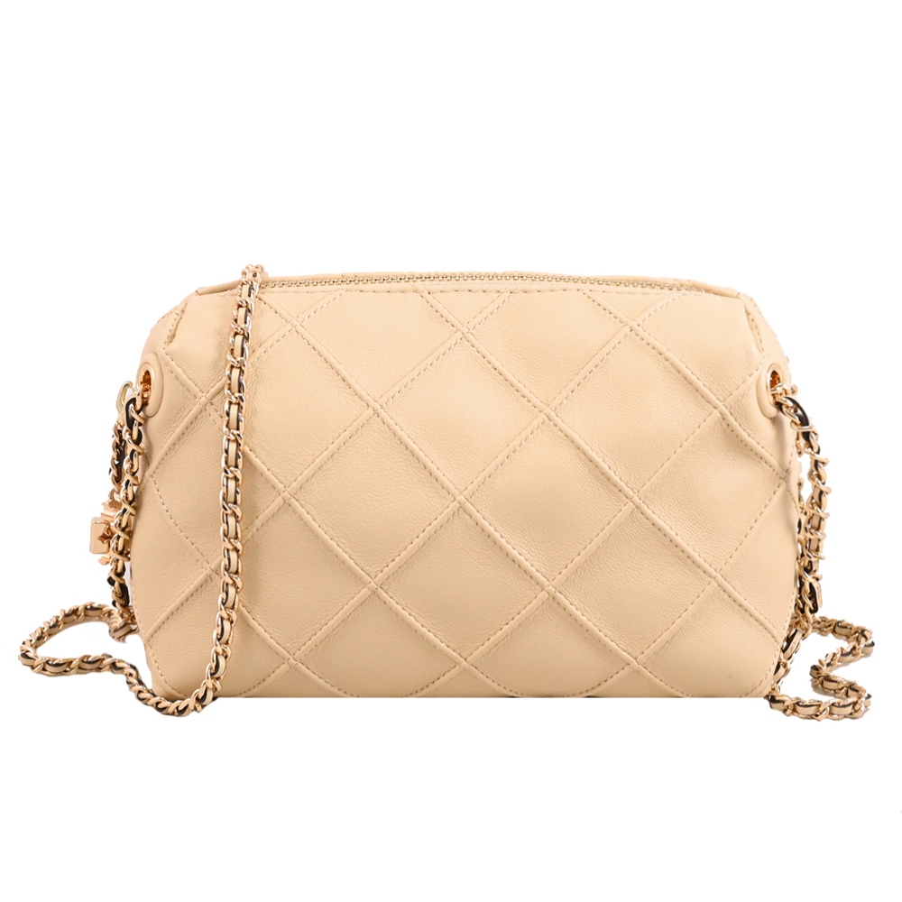 TORY BURCH Fleming 菱格皮革斜背小包/鏈包.杏色