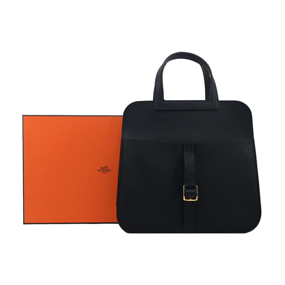 HERMES 愛馬仕 Halzan 25cm T/C 牛皮手拿/手提/肩背/斜背多用包(89黑/K刻/金釦)