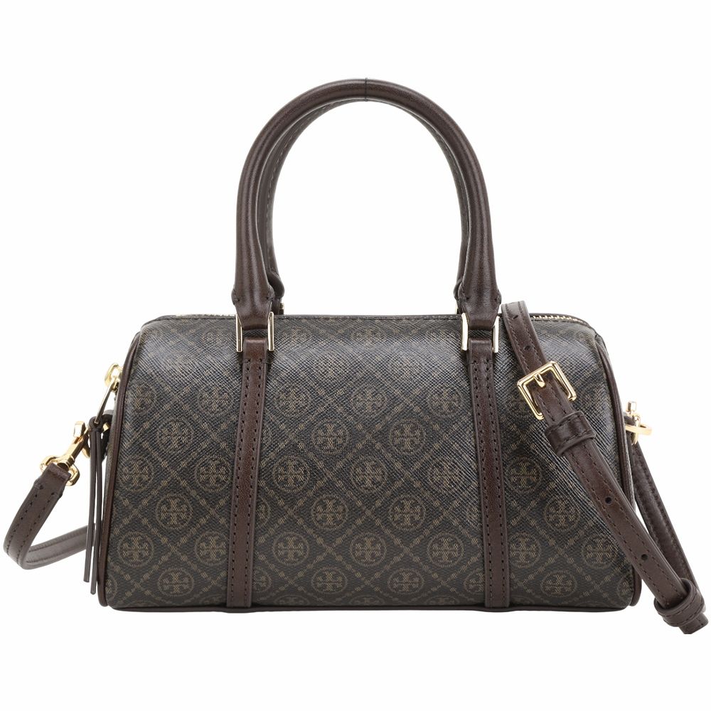 TORY BURCH T Monogram 雙T菱格塗層帆布手提/斜背酒桶包(迷你/深咖啡)