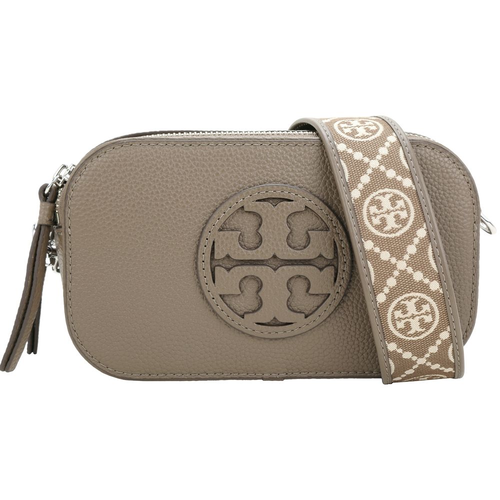 TORY BURCH Miller TB荔紋立體標誌皮革滾邊織帶斜背相機包(咖啡色)
