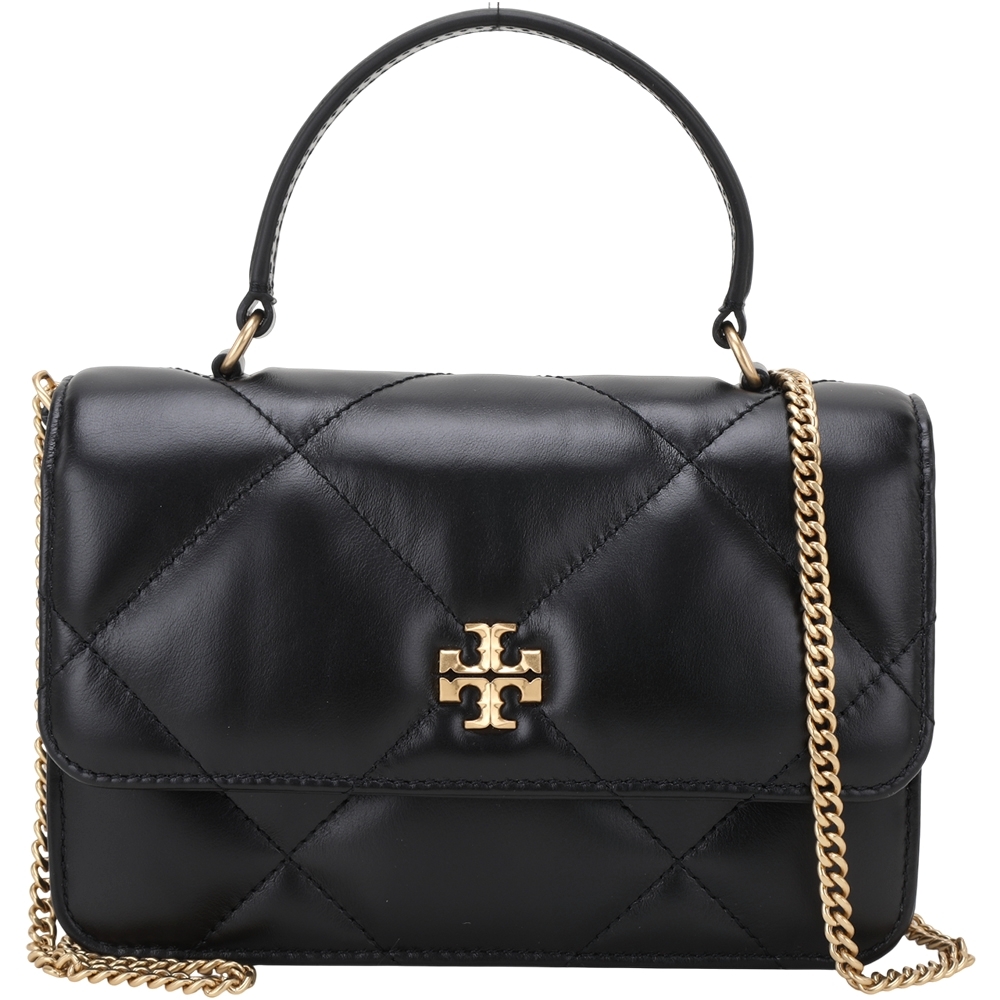 TORY BURCH Kira 迷你 雙T標誌菱格絎縫牛皮翻蓋手提/斜背鍊帶包(黑色)
