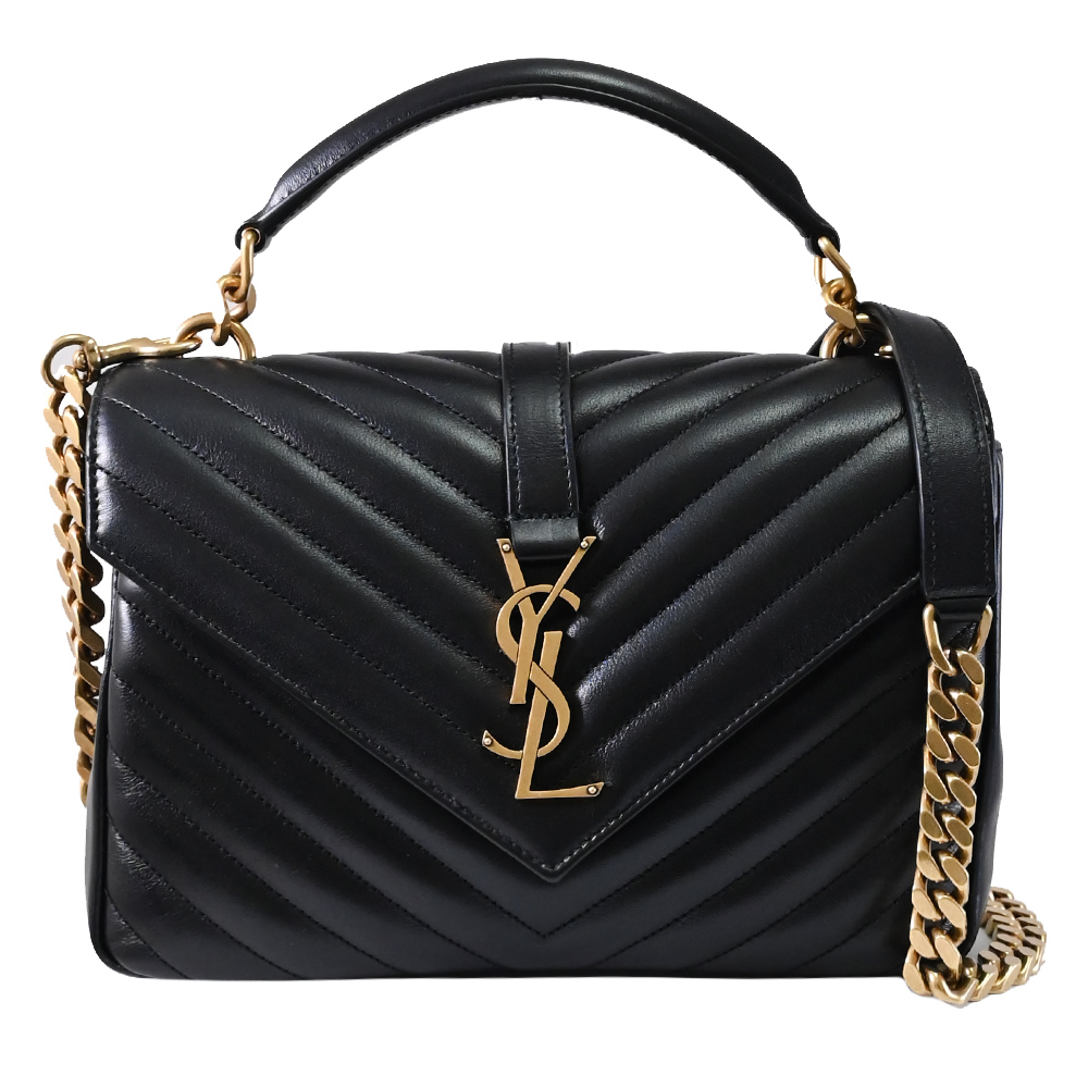 YSL 聖羅蘭 COLLèGE V紋絎縫小牛皮翻蓋兩用學院包.黑