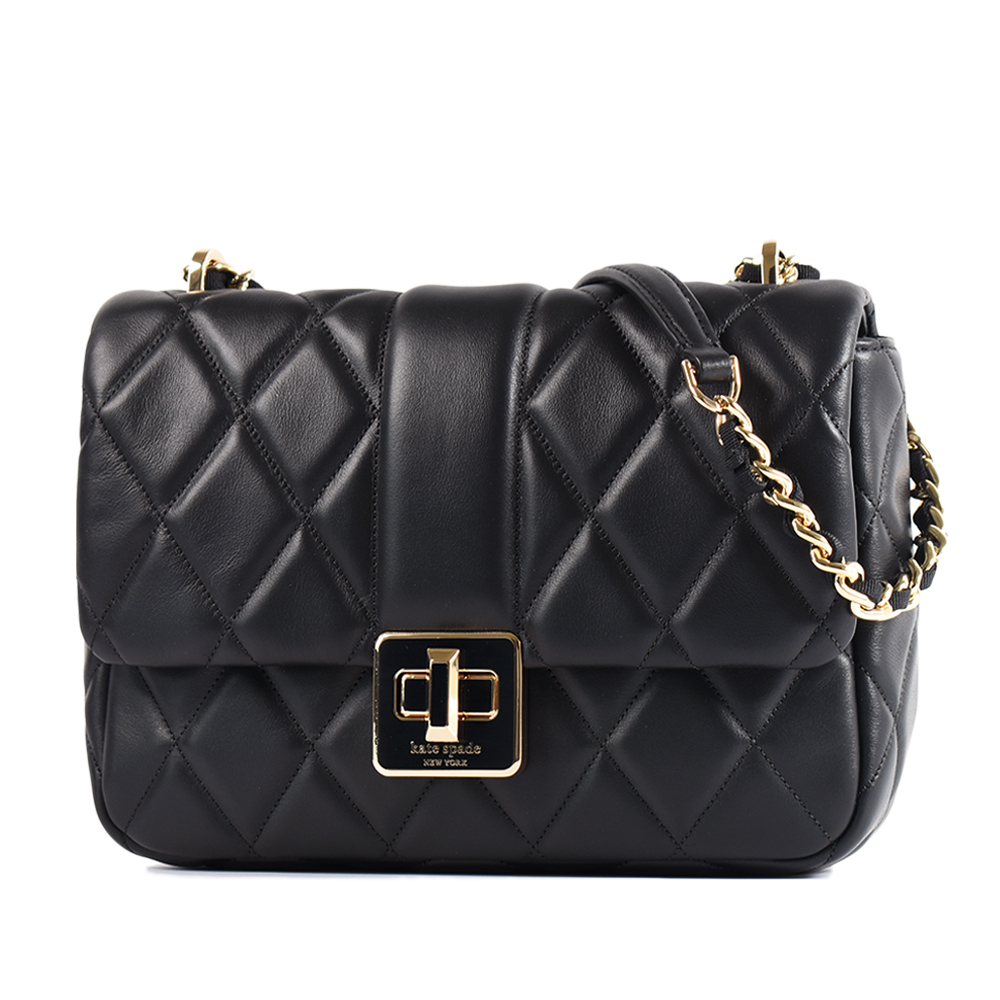 Kate Spade Carey 絎縫菱格紋翻蓋旋鈕肩背/斜背二用包-黑色
