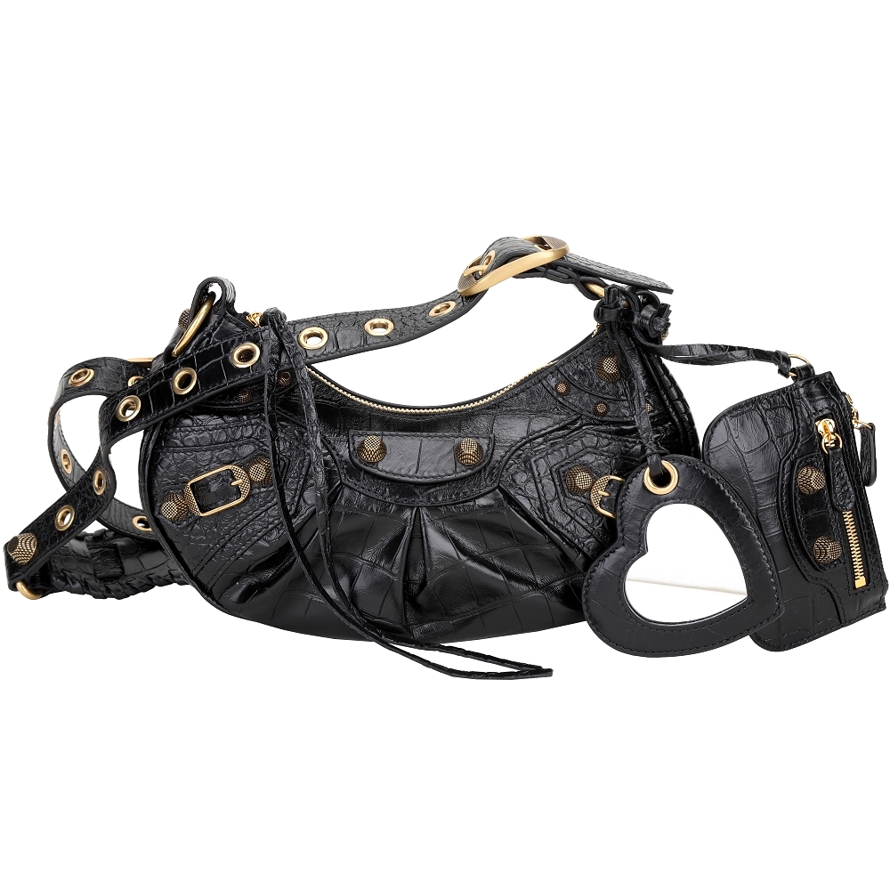 BALENCIAGA 巴黎世家 Le Cagole 鱷魚壓紋牛皮肩背可頌包(XS/黑色)