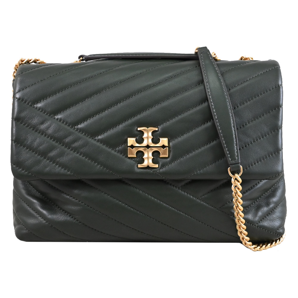 TORY BURCH KIRA 絎縫皮革翻蓋肩背/斜背鍊包.灰綠
