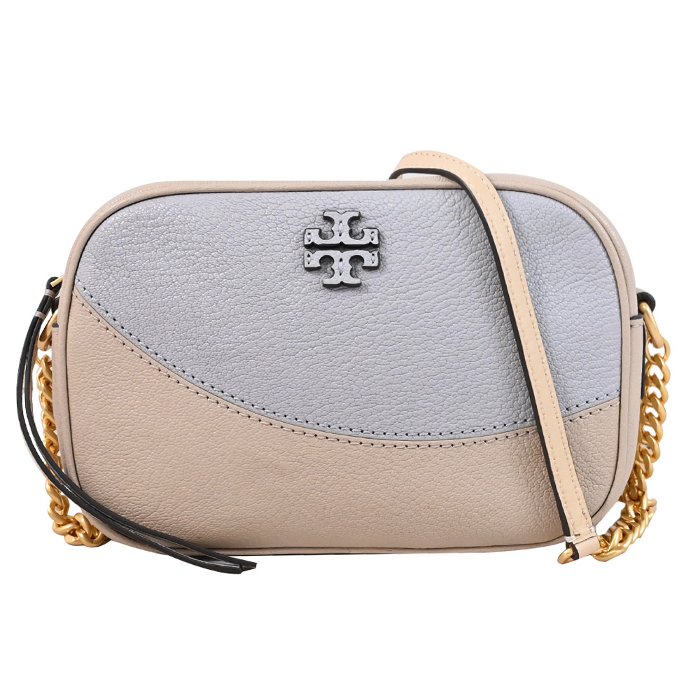 TORY BURCH 經典LOGO撞色皮革斜背相機包.淺褐/灰
