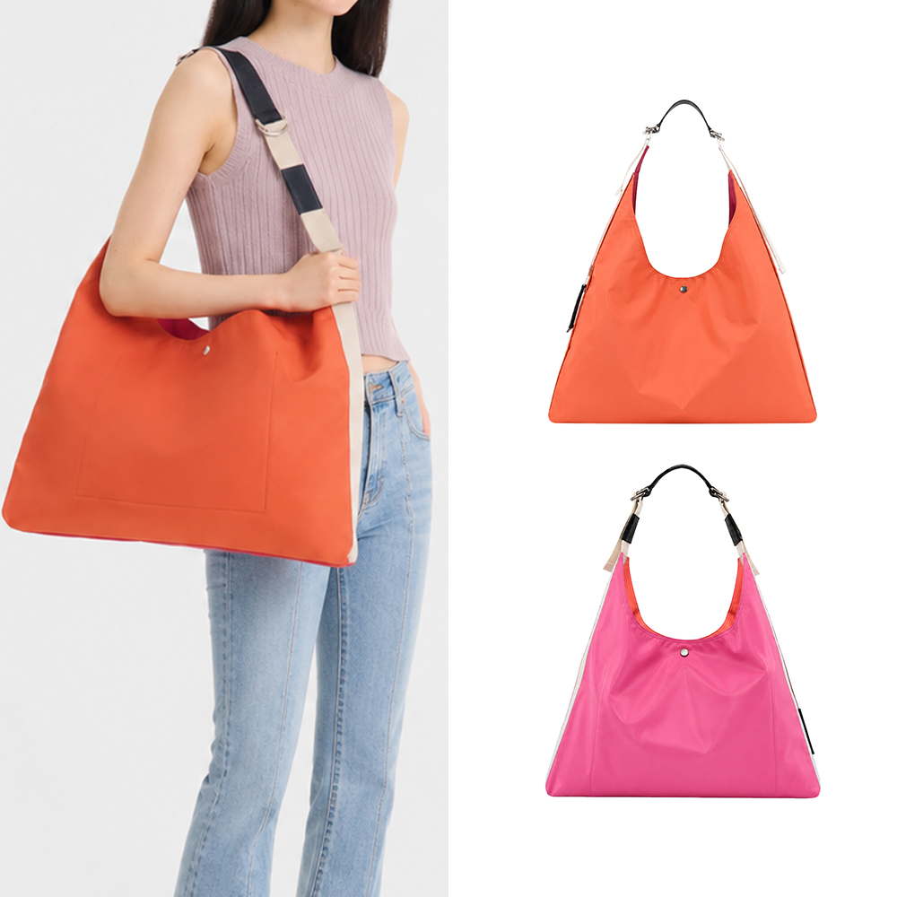 Longchamp RE-PLAY系列撞色尼龍肩揹袋(特大/橘x粉紅)