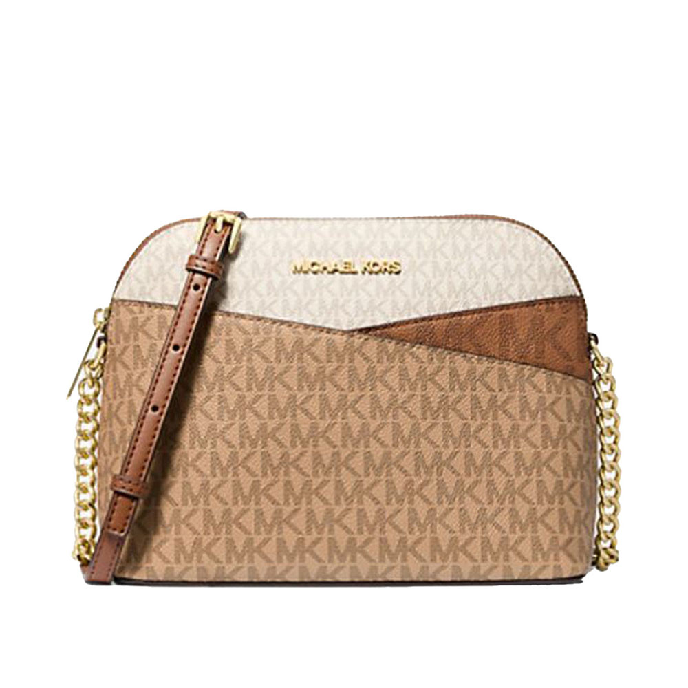 Michael Kors 撞色滿版LOGO造型斜背包-摩卡撞色