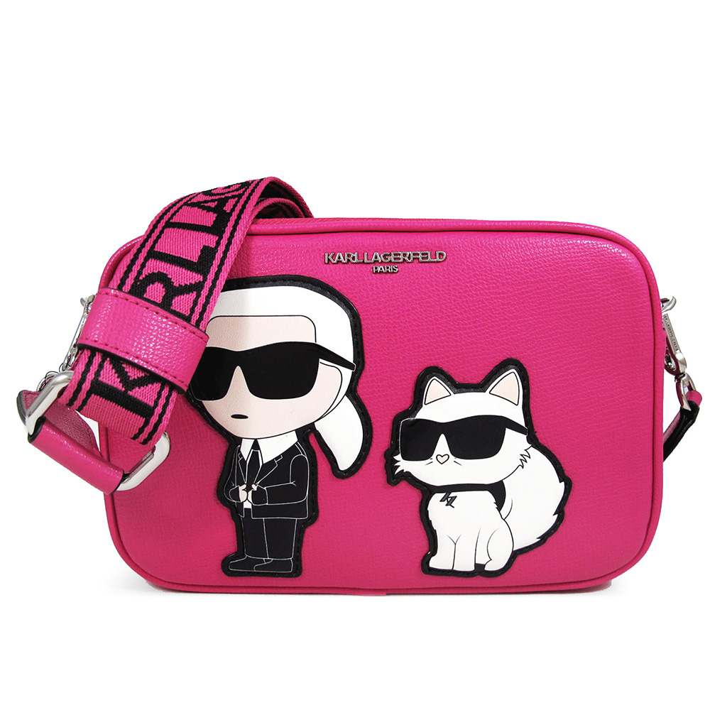 Karl Lagerfeld MAYBELLE 卡爾與貓立體圖騰吊鐘花紫色雙層拉鍊斜背相機包(大)