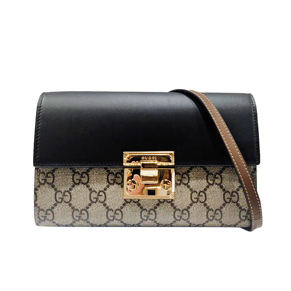 GUCCI 古馳 779814 經典Padlock雙G LOGO帆布拼接金扣WOC斜背手拿包(黑X棕色)