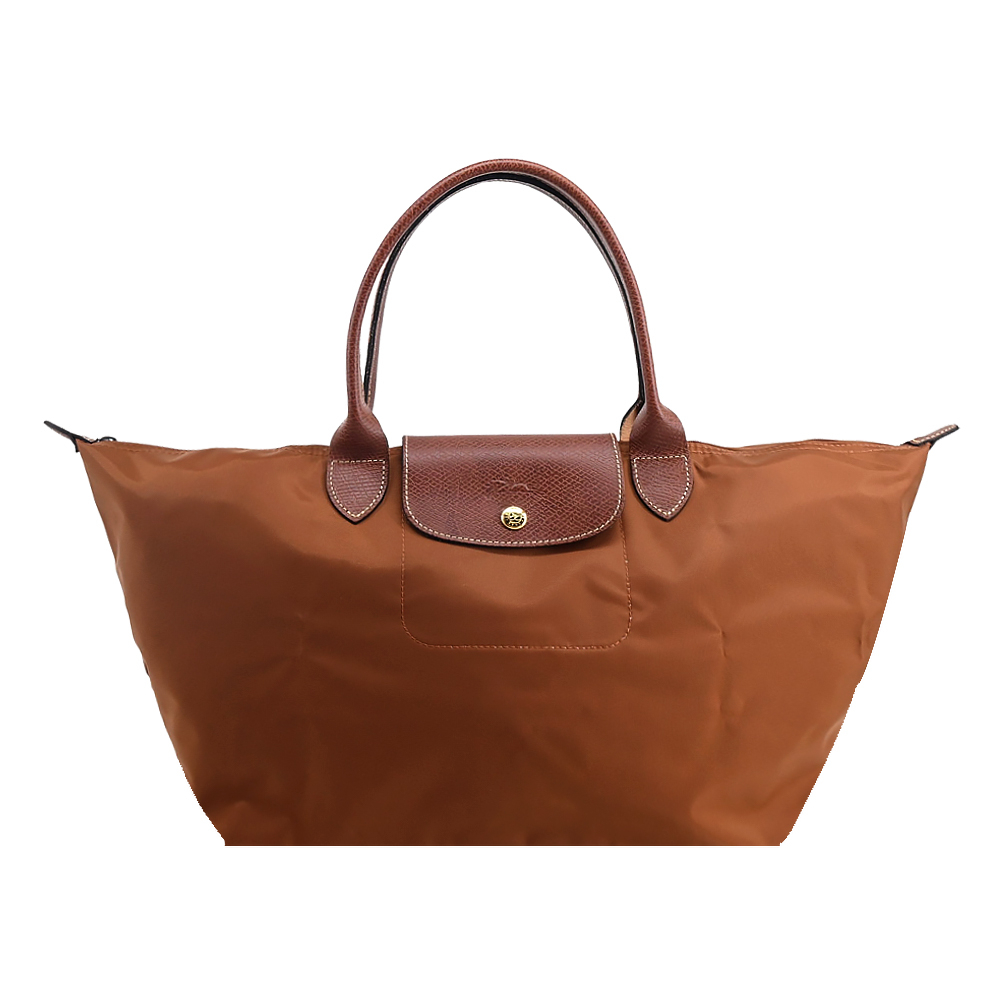 Longchamp LE PLIAGE系列再生尼龍寬版摺疊肩背/手提水餃包(大/白蘭地酒)