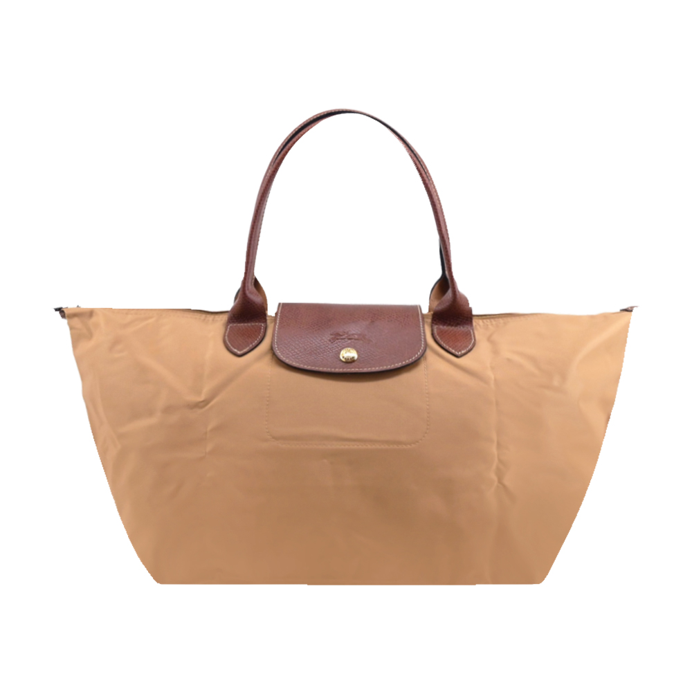 Longchamp LE PLIAGE系列再生尼龍寬版摺疊肩背/手提水餃包(大/小鹿棕)