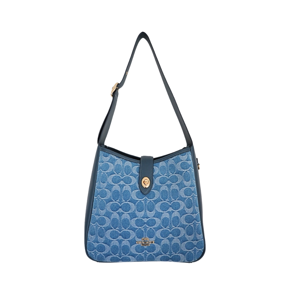 COACH 蔻馳 Hadley丹寧藍C LOGO緹花丹寧布拼接皮革斜背馬鞍包