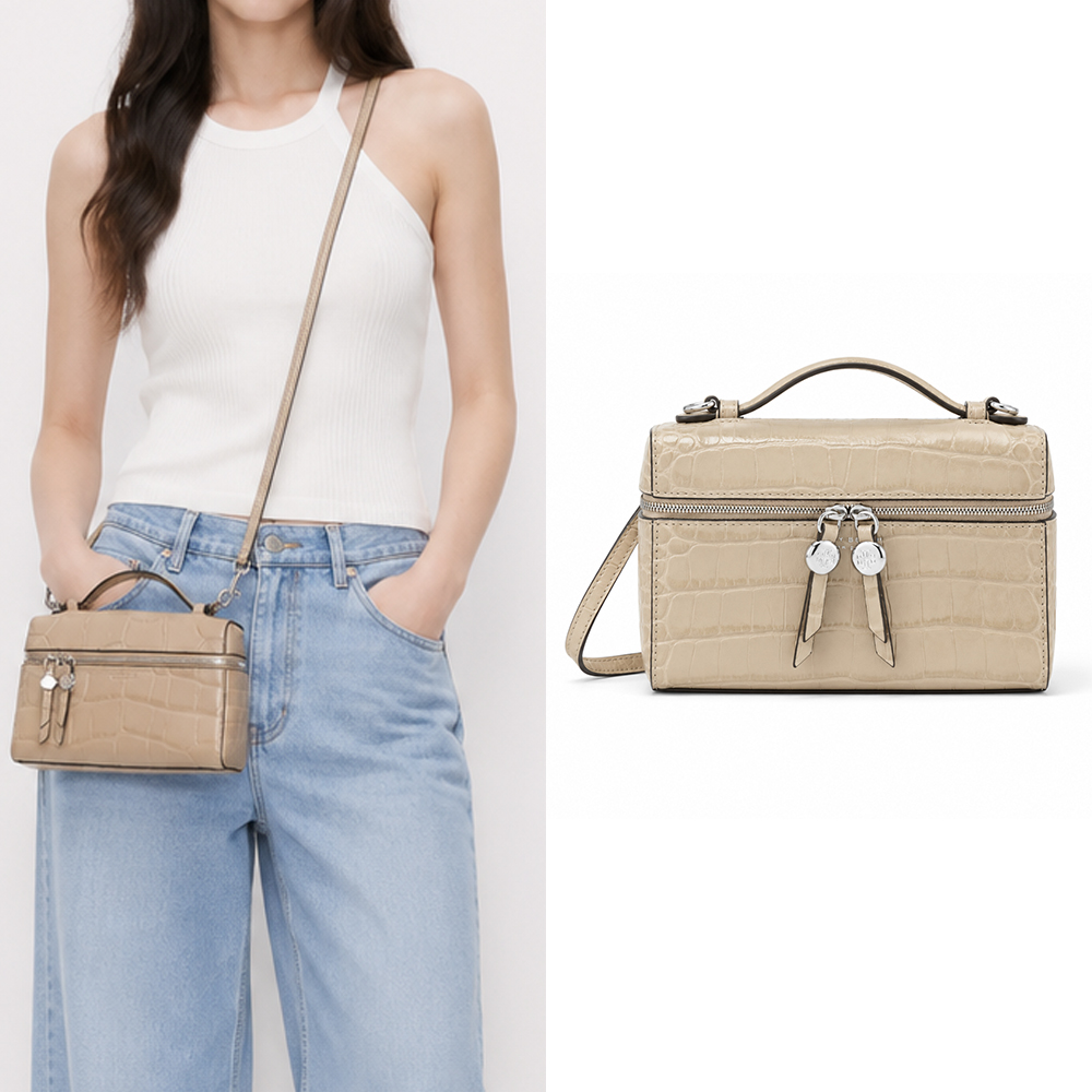 TORY BURCH ROMY SLIM 鱷魚壓紋皮革雙開式拉鍊手提/斜背兩用包(淺胡桃棕)