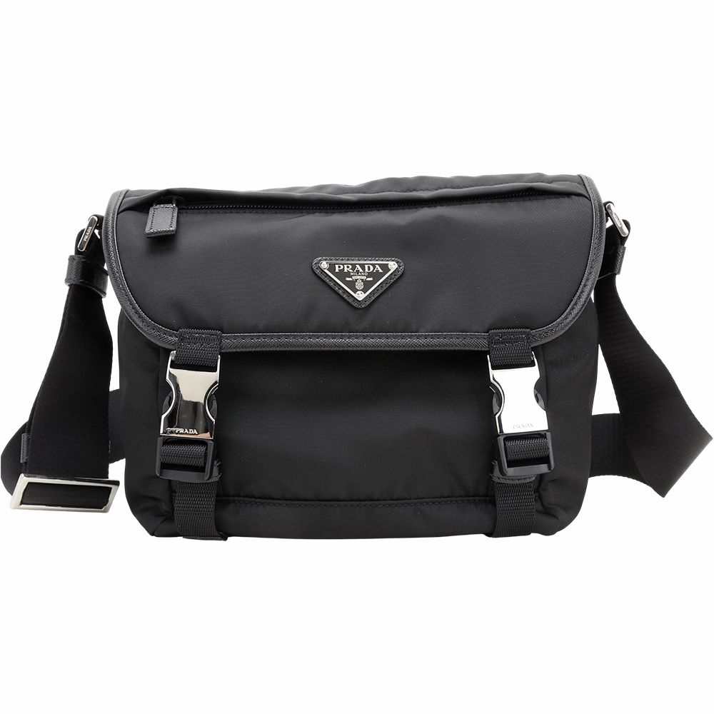 PRADA 普拉達 Re-Nylon 三角牌雙釦尼龍防刮皮邊肩背郵差包(黑色)