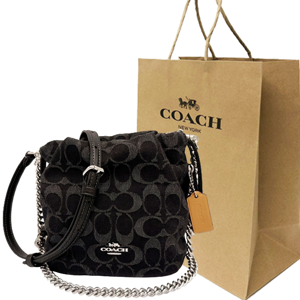 COACH 蔻馳 FAYE 牛仔單寧鏈帶迷你手提斜背兩用水桶包附紙袋(牛仔黑)