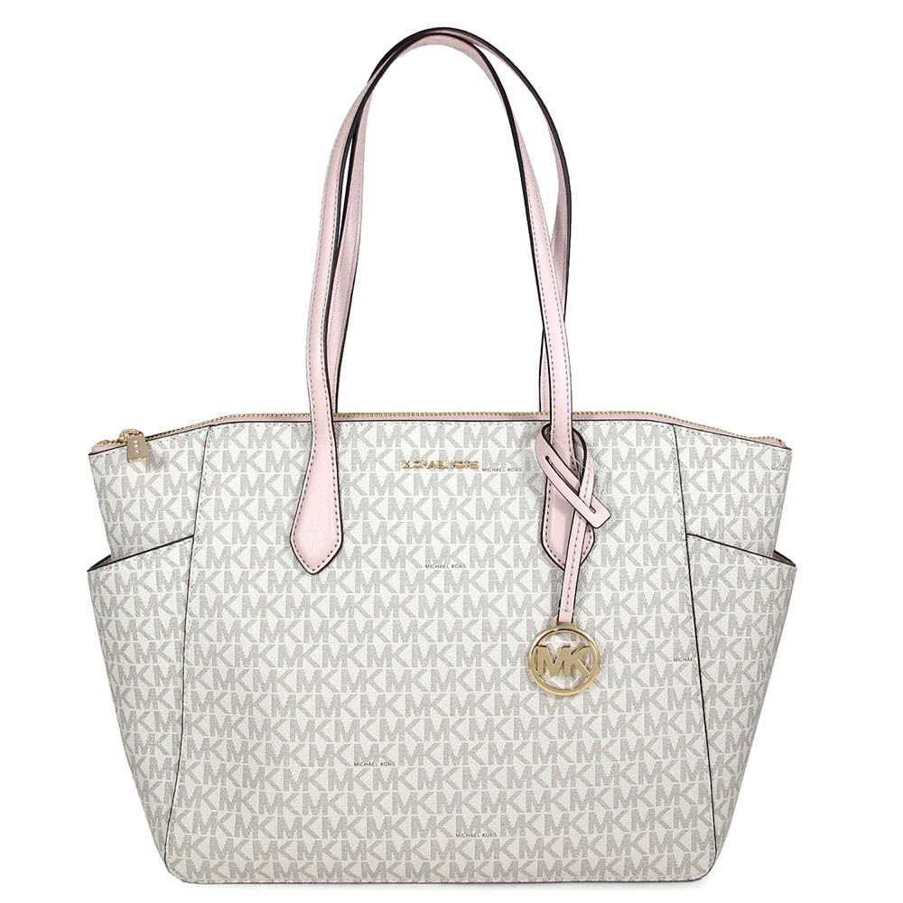 Michael Kors MARILYN 金字大圓標香草白色滿版X粉色皮革托特肩背包