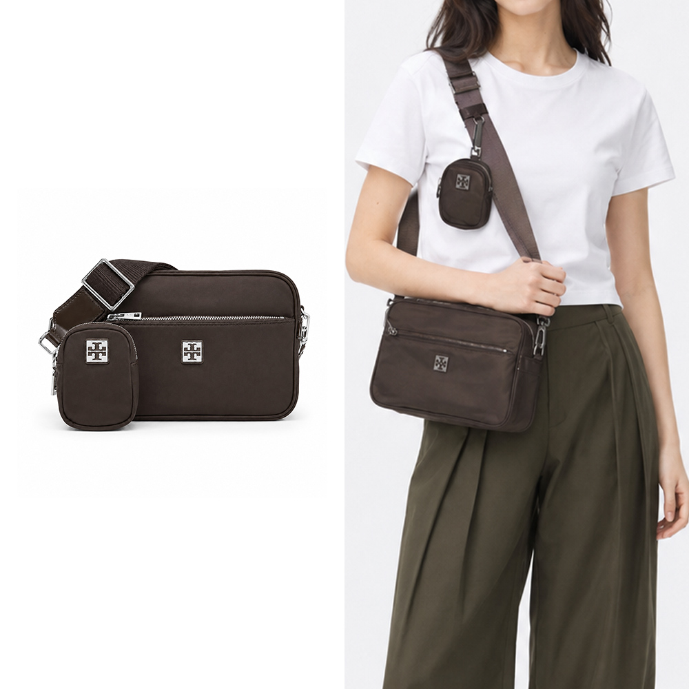 TORY BURCH VIRGINIA 再生尼龍拉鍊斜背包(深棕)