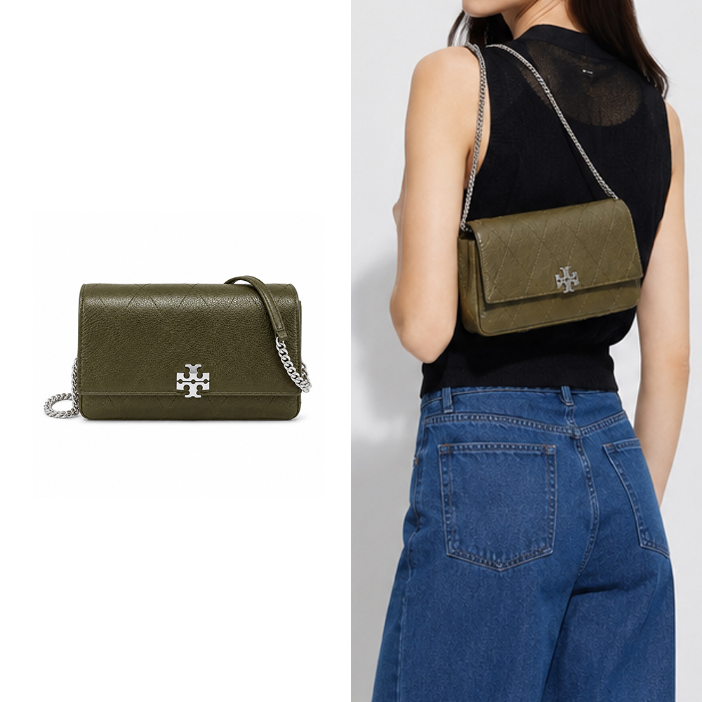 TORY BURCH CHARLIE 荔枝紋皮革菱格絎縫鍊帶斜背包(深橄欖綠)